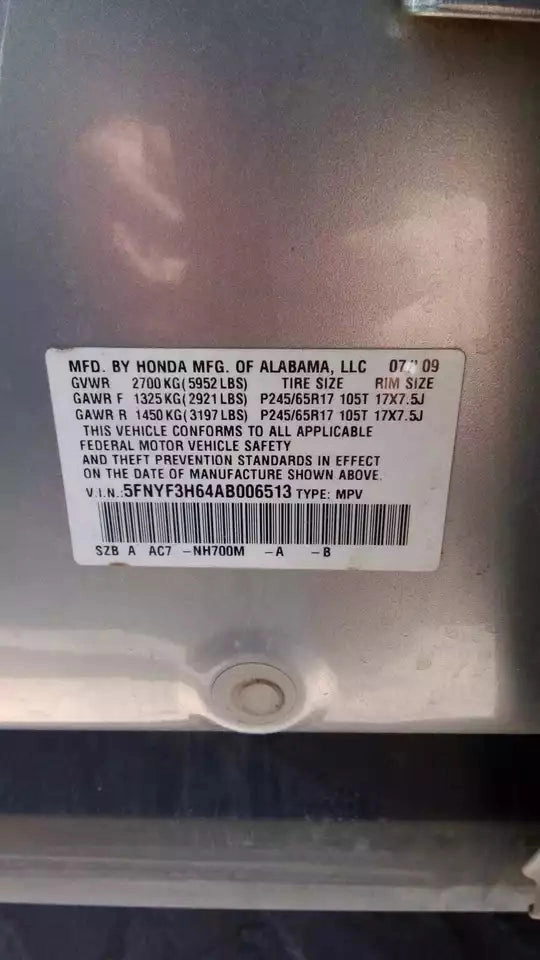 09 10 11 12 13 14 15 HONDA PILOT REAR RIGHT PASSENGER SIDE DOOR- SILVER
