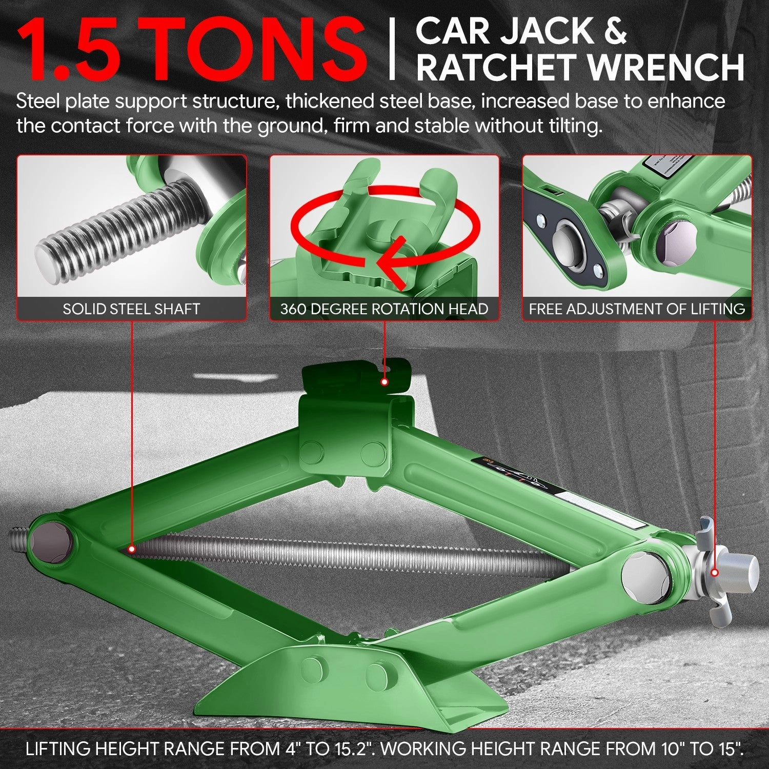 1.5 Ton (3306 lbs) Scissor Lift Jack W/Ratchet Wrench <br> Lifting Height Range 4 in-15.2 in
