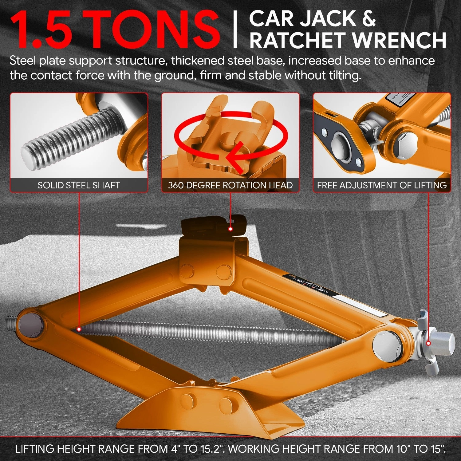 1.5 Ton (3306 lbs) Scissor Lift Jack W/Ratchet Wrench <br> Lifting Height Range 4 in-15.2 in