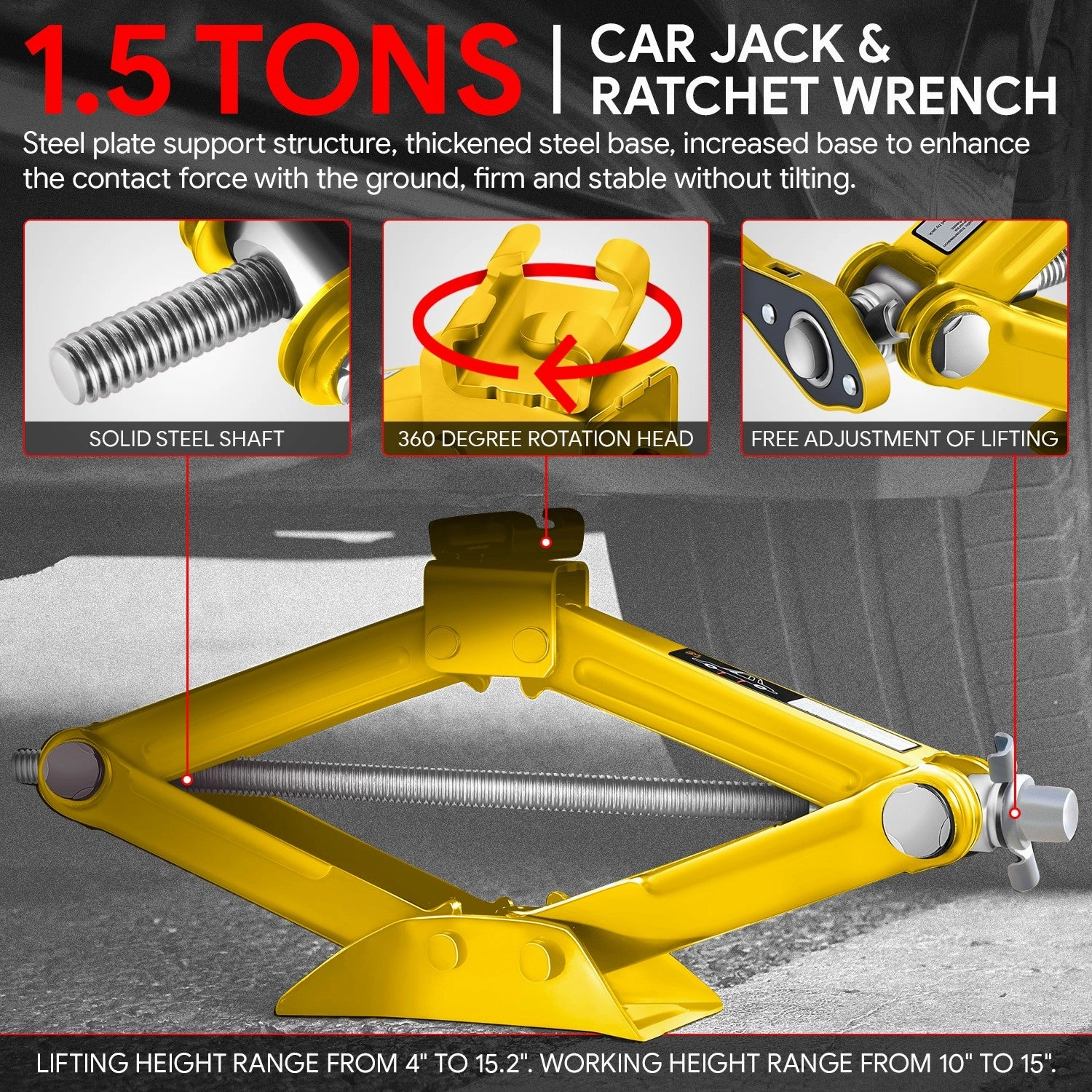 1.5 Ton (3306 lbs) Scissor Lift Jack W/Ratchet Wrench <br> Lifting Height Range 4 in-15.2 in
