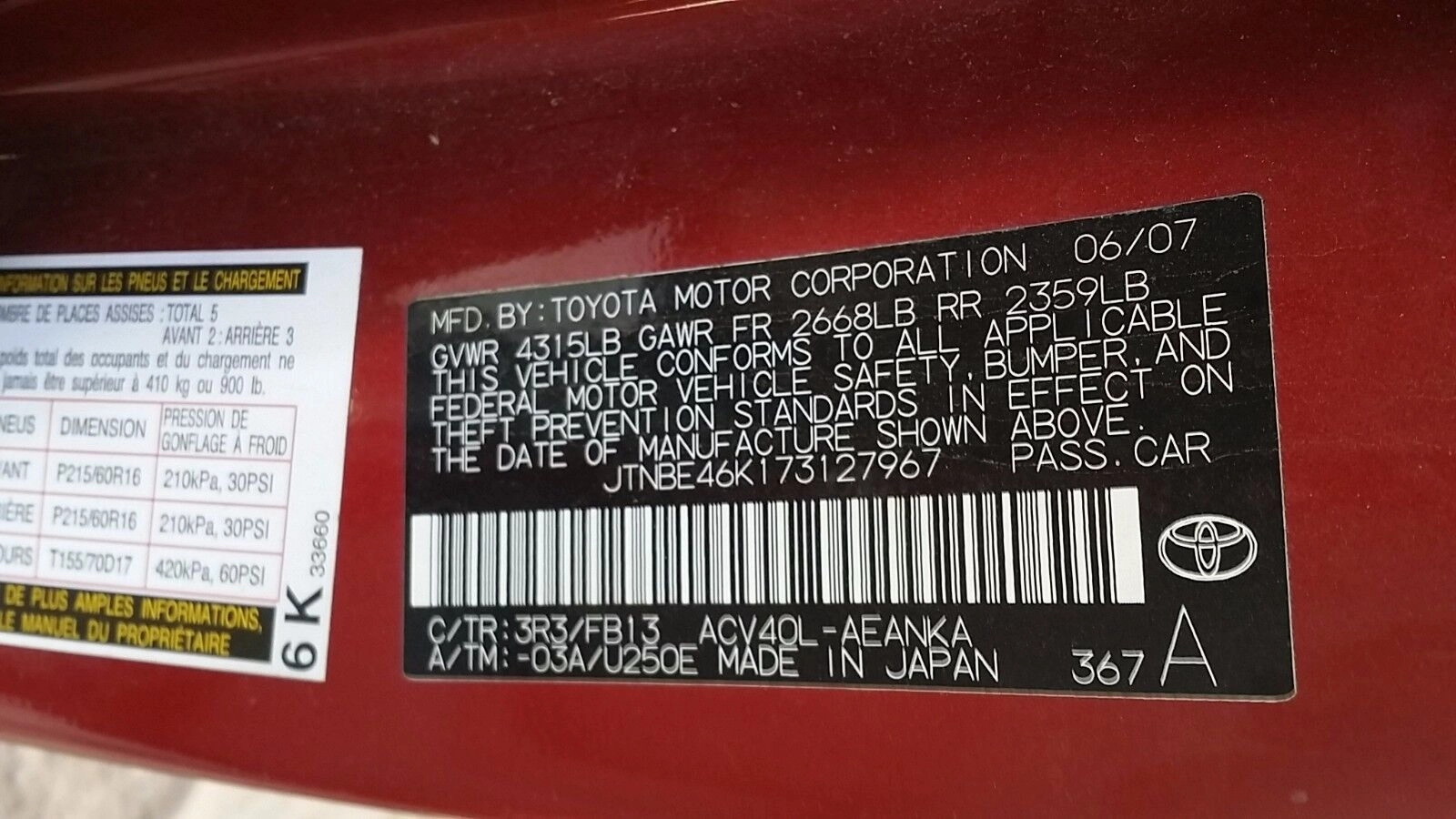 2007-2011 TOYOTA CAMRY SEDAN REAR RIGHT PASSENGER DOOR ASSEMBLY 3R3 COLOR OEM