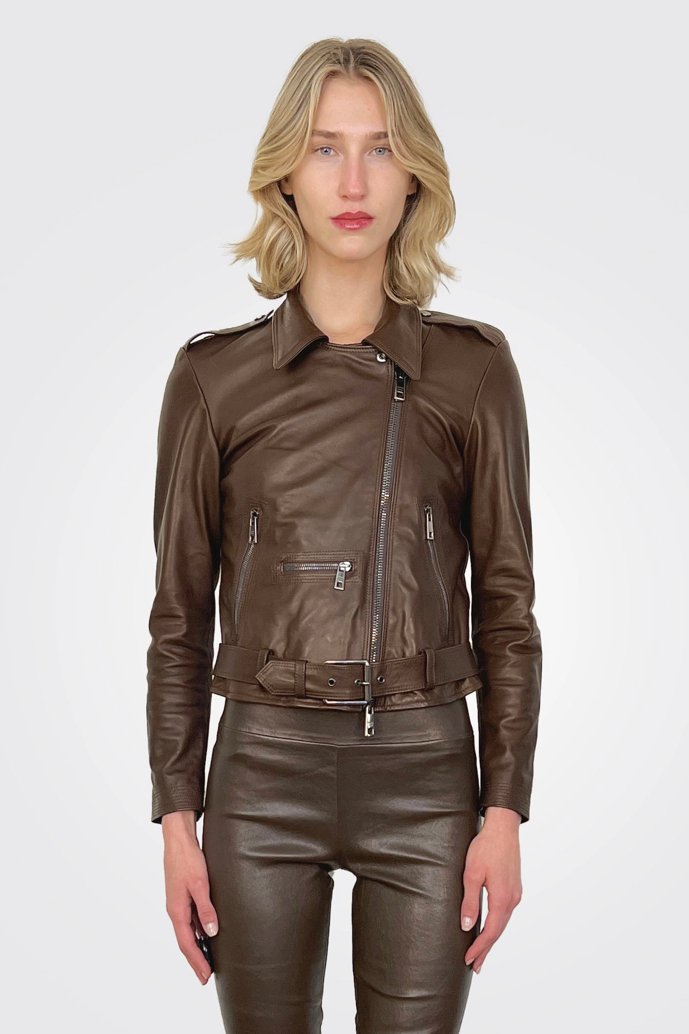 Asym Moto Leather Jacket - Mud Brown