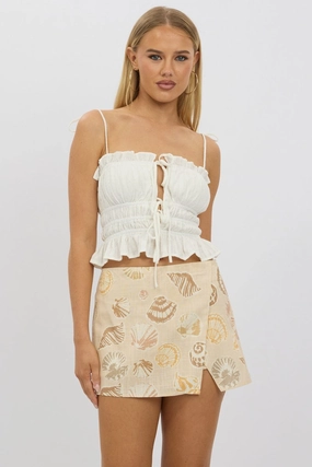 Beige Abstract Mini Skort Skirt High Rise Linen Blend Lined