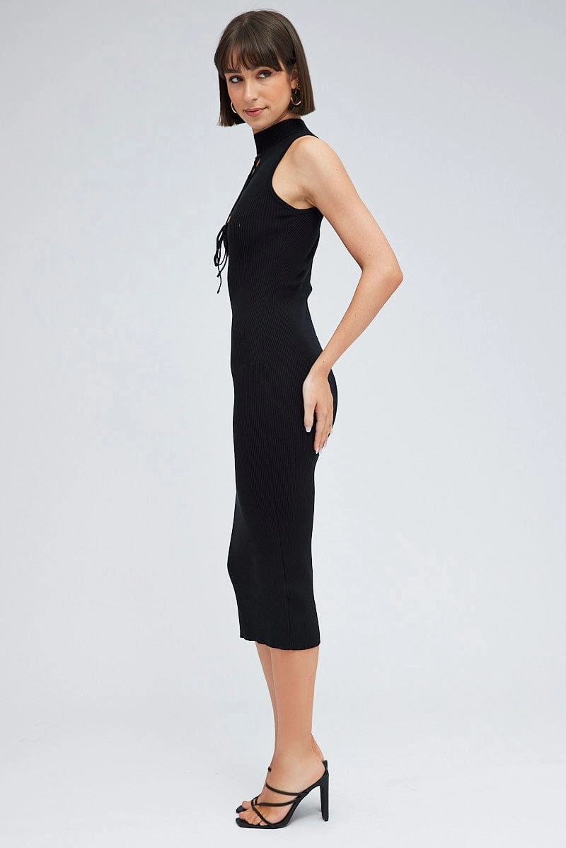 Black Knit Dress High Neck Sleeveless Midi