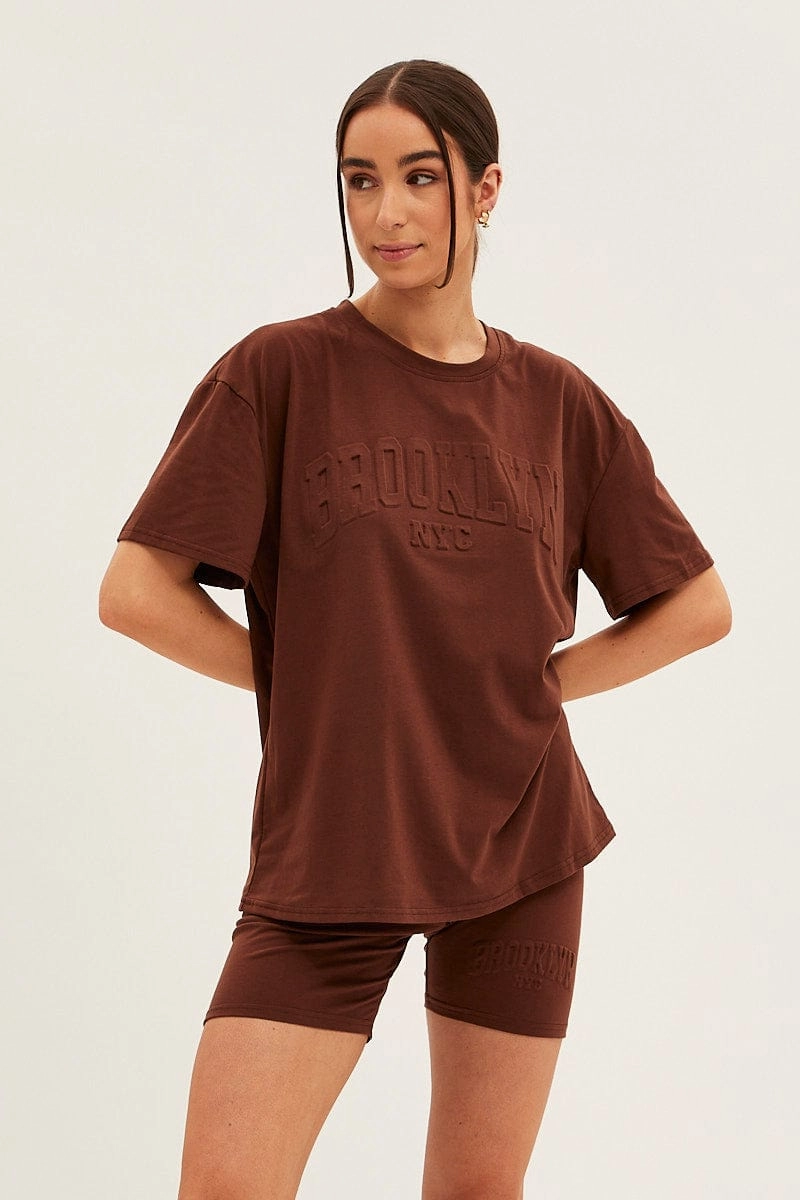 Brown Textured Tee And Biker Shorts Set