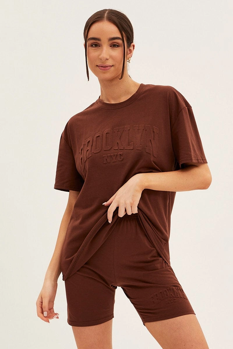 Brown Textured Tee And Biker Shorts Set
