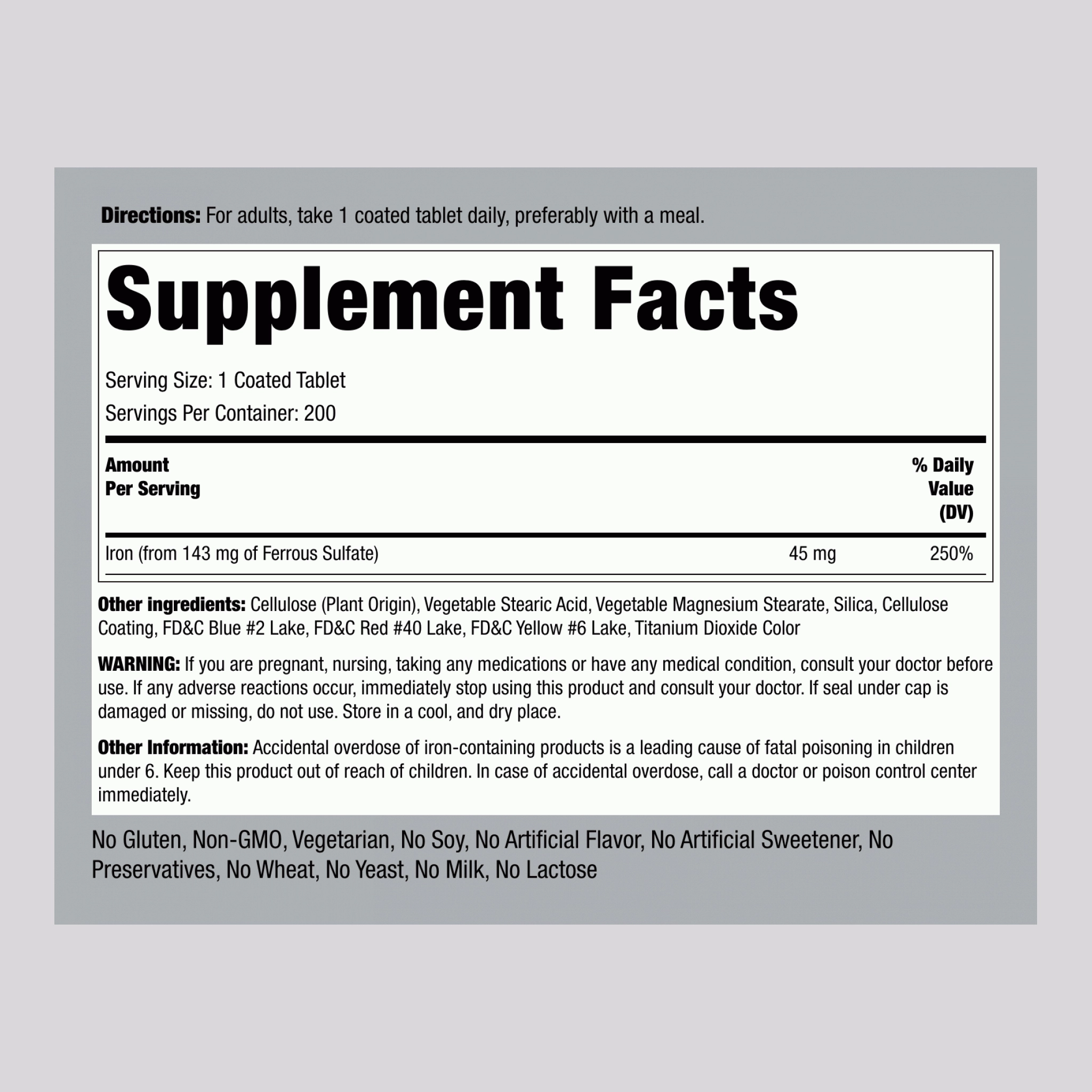 Slow Release Iron, 45 mg, 200 Coated Tablets