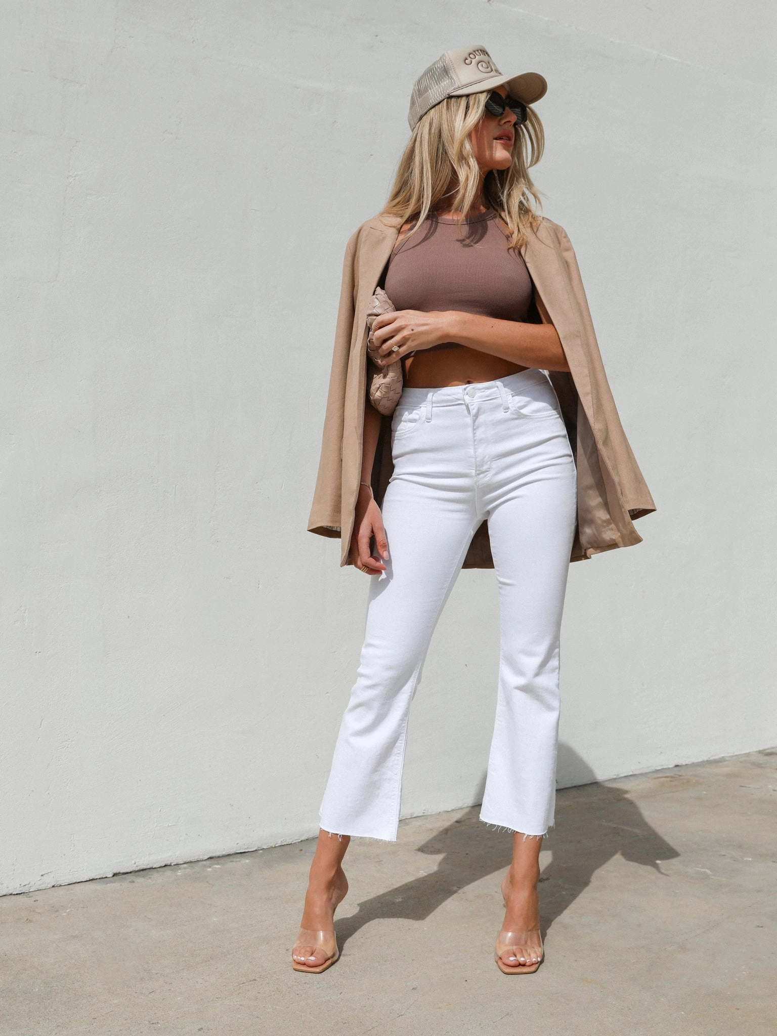 Tonal Crop Flare Jeans in White